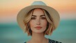 © Generative by J - Hairstyle cut trend concept. Captivating Blonde Woman Wearing Boho Hat Against Dreamy Sunset Beach Backdrop