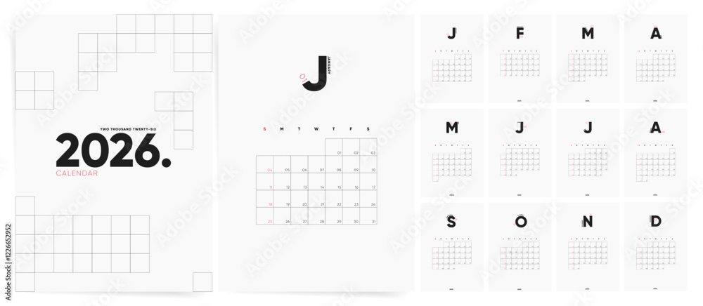 Calendar Template for 2026 year. Week starts on Sunday. Simple minimal ...