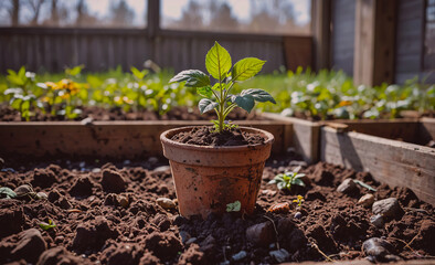 Wall Mural - A small plant is growing in a pot on the ground. The plant is surrounded by dirt and rocks