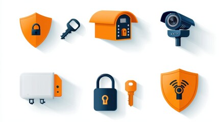 Fototapete - Home security alarm icons set visual representation of safety standards for modern residences