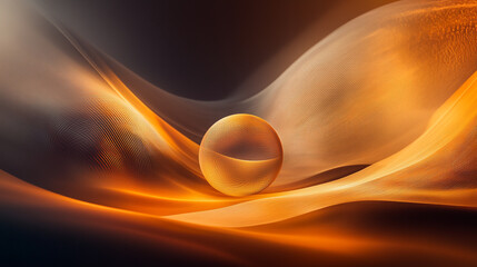 Poster - Abstract Golden Sphere on Orange Waves Digital Art Background Design Warm Shiny Curve Light Amber   