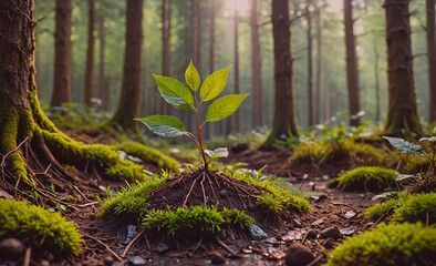 Poster - A small plant is growing in the forest. The plant is surrounded by moss and is growing in a small patch of dirt. Concept of growth and life in the forest, as well as the importance of nurturing