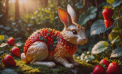 Poster - A rabbit is sitting on a bed of strawberries. The rabbit is wearing a strawberry dress and has a strawberry on its head. The image has a whimsical and playful mood, as it combines a cute animal with a