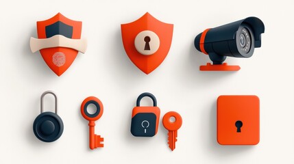 Aufkleber - Enhancing digital security six essential icons of protection featuring shield lock and fingerprint technology in a minimalist design environment