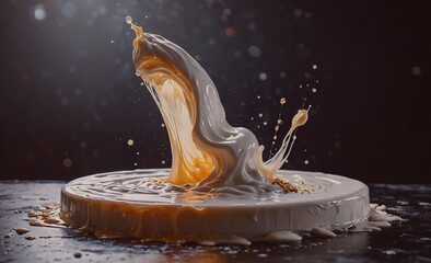 Poster - A white liquid is splashing out of a container, creating a messy and chaotic scene. Concept of excitement and energy, as if the liquid is bursting out of its container with great force