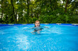 © Volodymyr - Home pool. Child playing in kids pool at home. Boy swim and splash in pool in garden backyard. Happy little kid swimming on hot summer day. Kids boy swim in inflatable circle pool on summer day.