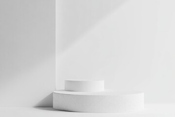 Wall Mural - Minimalist white display platform in a bright, sunlit corner.