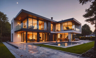 Poster - A large house with a pool and a balcony. The house is surrounded by trees and has a lot of windows