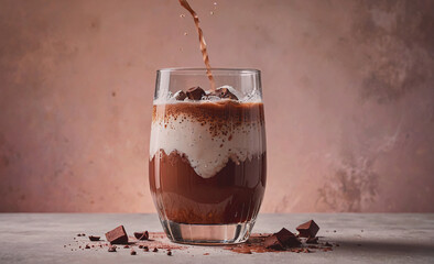 Aufkleber - A glass of chocolate milk with chocolate powder on the table. Scene is warm and inviting