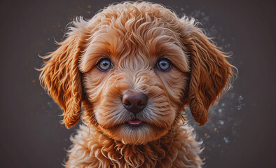 Poster - A cute brown dog with blue eyes is looking at the camera. The dog has a fluffy coat and a pink nose