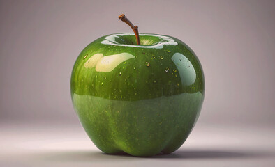 Poster - A shiny green apple with a stem. The apple is sitting on a table. The apple is shiny and looks fresh