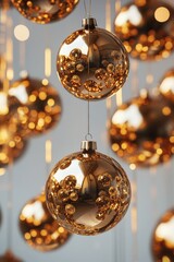 Wall Mural - A large number of gold-colored Christmas ornaments hanging from the ceiling. The ornaments are all different sizes and shapes, creating a festive and joyful atmosphere