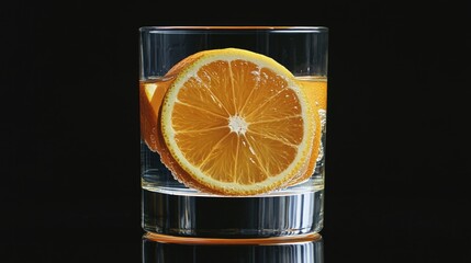 Wall Mural - A glass of water with a slice of orange in it. The glass is half full and the orange slice is cut in half