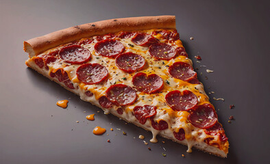 Poster - A slice of pepperoni pizza with cheese on it. The pizza is cut in half and is sitting on a table