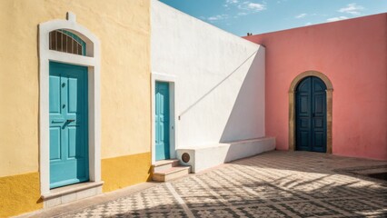 Poster - Blue door on a yellow building with minimal color contrast in a realistic photography setting