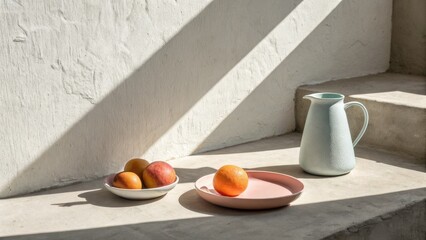Poster - White pitcher and pink plate on a ledge with minimal color play in realistic photography