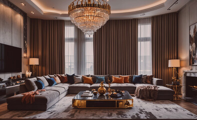Poster - A large living room with a chandelier hanging from the ceiling. The room is decorated with a variety of pillows and a couch. The mood of the room is elegant and inviting