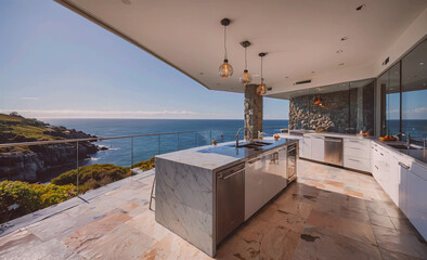Fototapete - A large kitchen with a view of the ocean. The kitchen is very clean and well-organized