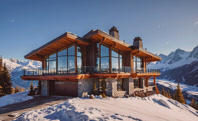 Poster - A large house with a wooden exterior sits on a snowy mountain. The house has a large glass window and a balcony. The house is surrounded by snow and mountains, giving it a serene and peaceful