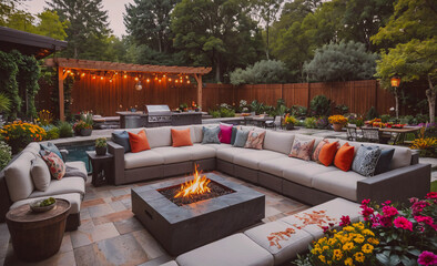 Aufkleber - A large patio with a fire pit and a grill. The patio is filled with comfortable furniture and has a cozy atmosphere