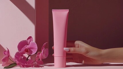 Wall Mural - Hand holding pink tube with flower, shadows on pink background, for product ad