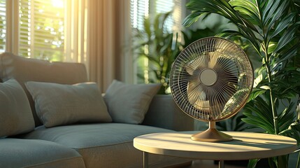 Wall Mural - Fan cools living room; sunlight shines, plant accents. Interior decor scene