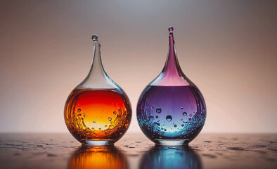 Poster - Two glass vases with different colored liquids inside. The vases are placed on a table and the colors of the liquids are purple and orange
