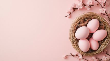 Easter eggs on thee, nest over table background. pastel colors, flower, celebration. soft light, vertical wallpaper