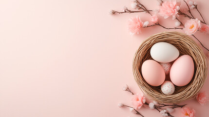 Easter eggs on thee, nest over table background. pastel colors, flower, celebration. soft light, vertical wallpaper