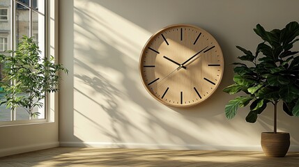 Wall Mural - Wooden clock hangs in corner of room, light shines through window, city behind