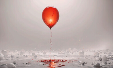 Poster - A red balloon is floating in the air above a body of water. The scene is dark and moody, with the balloon being the only source of light. The water appears to be murky and dirty, with debris floating