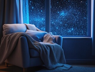 Wall Mural - a chair is in front of a window with a blanket draped over it. the blanket is blue and white and the