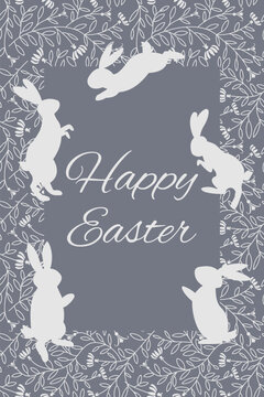 Easter greeting card with Easter bunnies on grey background