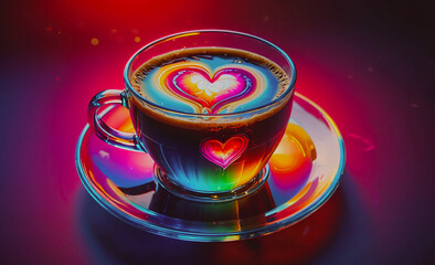 Aufkleber - A cup of coffee with a heart on it sits on a saucer. The coffee is a mix of different colors, creating a rainbow effect. Concept of warmth and love