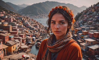 Aufkleber - A woman wearing a flower headband stands in front of a city with a river running through it
