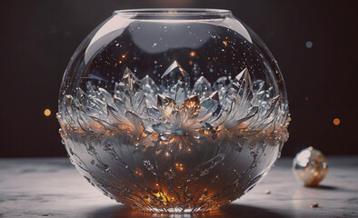 Poster - A glass vase with a flower design is lit up with a warm glow. The vase is placed on a table next to a silver ornament. Scene is serene and calming, as the warm light