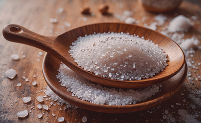 Poster - A spoonful of salt is on a wooden table. The spoon is on top of another spoonful of salt