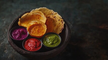 Wall Mural - a bowl of food with four different colored sauces and a tortilla. the bowl is on a dark surface