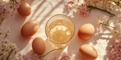 Wall Mural - A glass of liquid is next to a bunch of eggs. The eggs are arranged in a circle around the glass, with some of them overlapping. The scene has a peaceful and calming mood, as the eggs