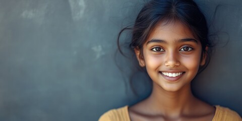 a young girl with dark hair and brown eyes is smiling at the camera. she is wearing a yellow shirt