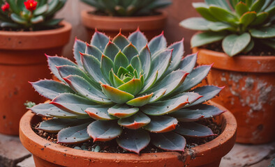 Poster - A large green plant with red and yellow flowers sits in a red pot. The plant is surrounded by other potted plants, creating a lush and vibrant scene