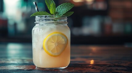 Wall Mural - A glass of lemonade with a slice of lemon on top. The drink is served in a mason jar