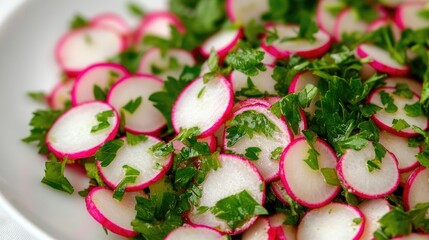 Sticker - Sliced radishes in a white bowl, garnished with fresh parsley on top.