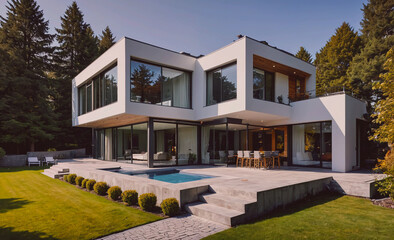 Poster - A large white house with a pool and a patio. The house is surrounded by trees and has a modern design