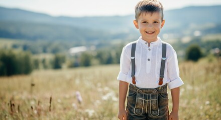 Young caucasian boy in traditional bavarian lederhosen enjoying a sunny day outdoors