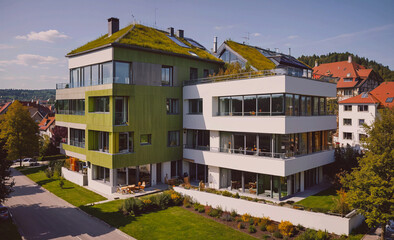 Poster - A large building with a green roof and a white facade. The building has a lot of windows and he is a commercial building