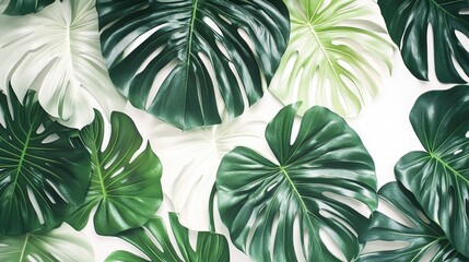 Wall Mural - A bunch of green leaves are arranged in a pattern on a white background. The leaves are large and have a unique shape, giving the image a natural and organic feel