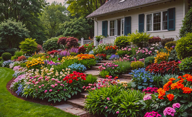 Poster - A colorful garden with a white house and a blue door. The garden is full of flowers and plants, and the house has a blue door