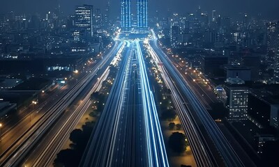 Fototapete - Night city highway, light trails, cityscape, progress, transport
