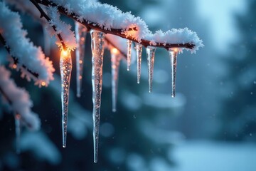 Wall Mural - Glittering icicles hanging from a frosty tree, icicles, glitter, holiday